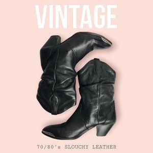 Vintage 70/80’s 100% Black Leather Slouchy Boots Silver Metal Rand Pointy Toe 8